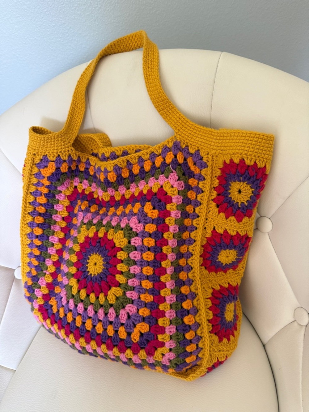 Granny Handmade Knitting Crochet Tote Bag - Mustard Multicolor
